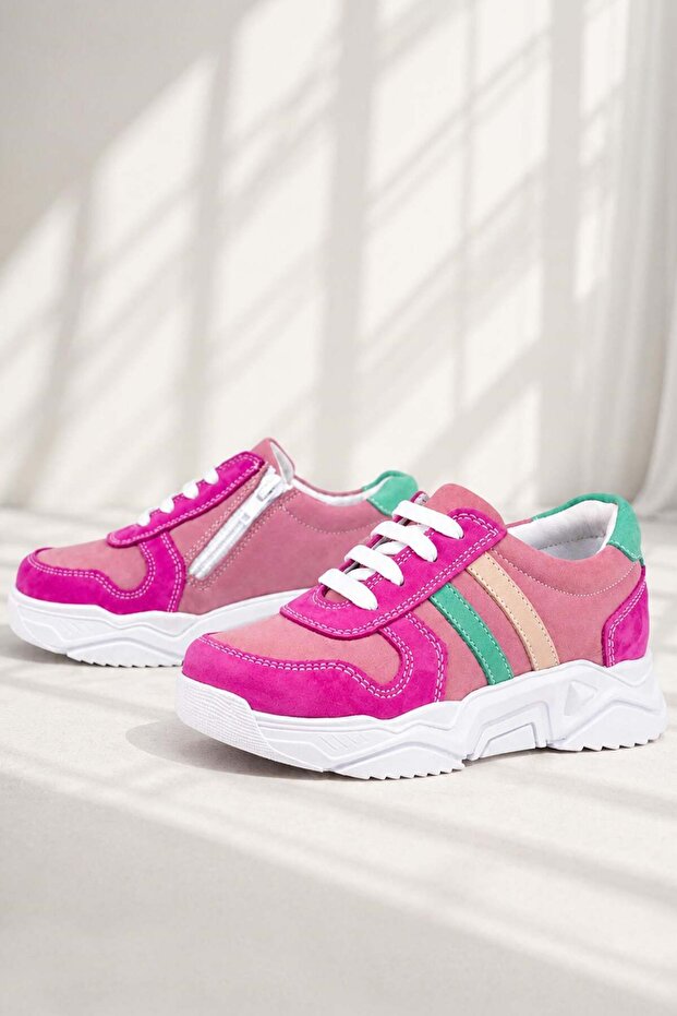 Genuine Leather Fuchsia Pink Girls Sneakers Shoes