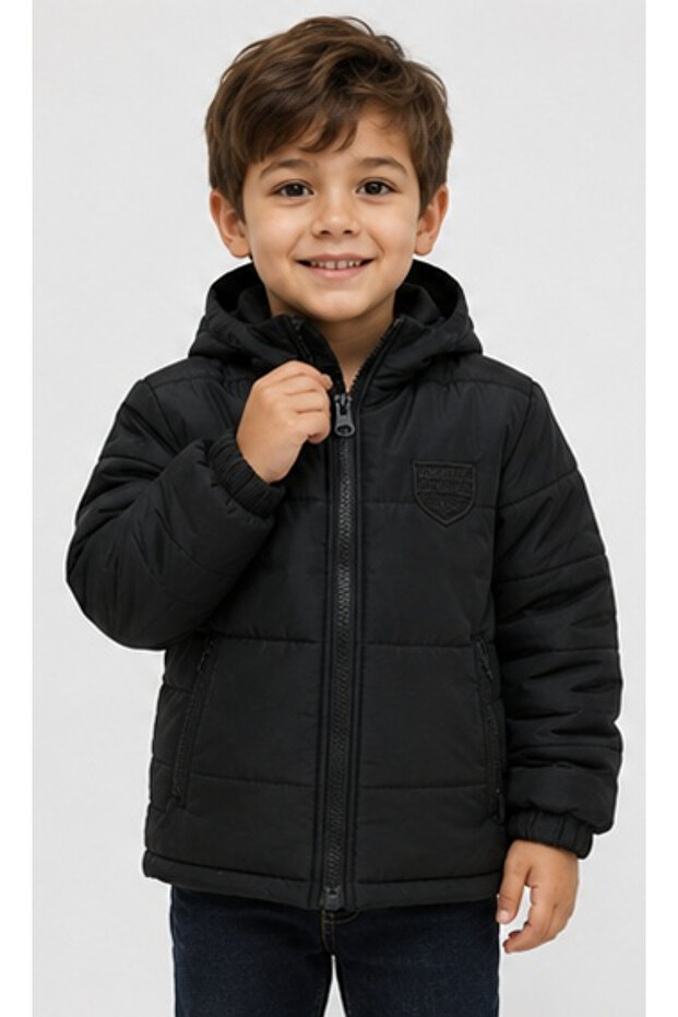 Boy's Spedy Emblem Hooded Black Coat with Fixed Zipper Pockets and Plush Lining Inside