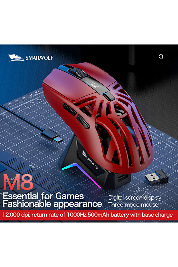 Red SMAILWOLF M8 wireless Bluetooth three-mode mouse lightweight e-sports game RGB magnetic charging