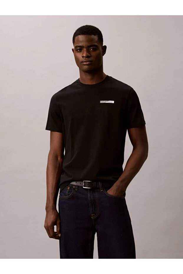 Men's Regular Cut Round Neck Cotton T-Shirt with Logo Printed on the Back, Short Sleeve, Black