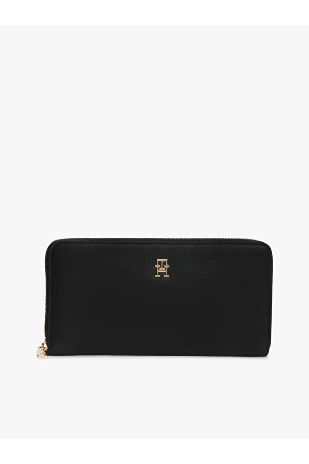 Women's Th Monogram Logo Coin Pocket Zipper Black Wallet