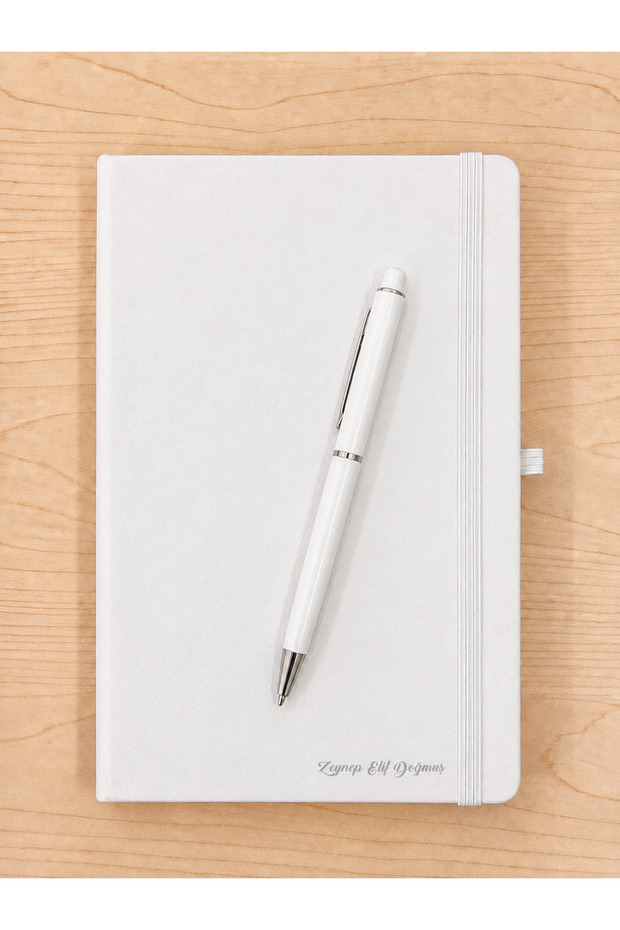 White Notebook with Elastic Band & Metal Pen