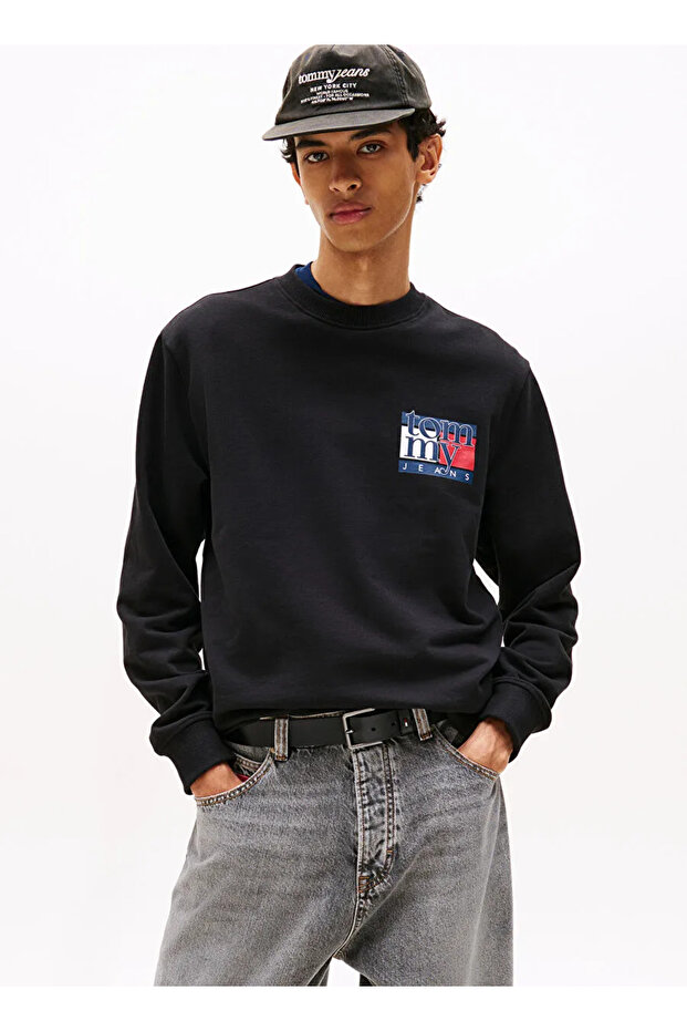 Men's Brand Logo Organic Cotton Crew Neck Black Sweatshirt Suitable for Daily Use