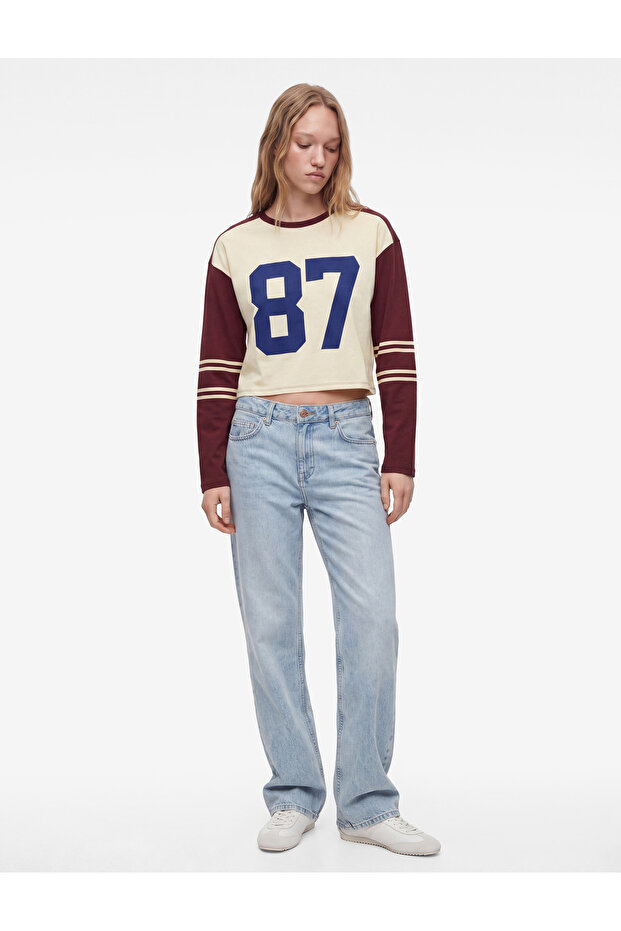 Comfortable Fit Stripe Detailed Cotton Printed Crew Neck Long Sleeve T-Shirt