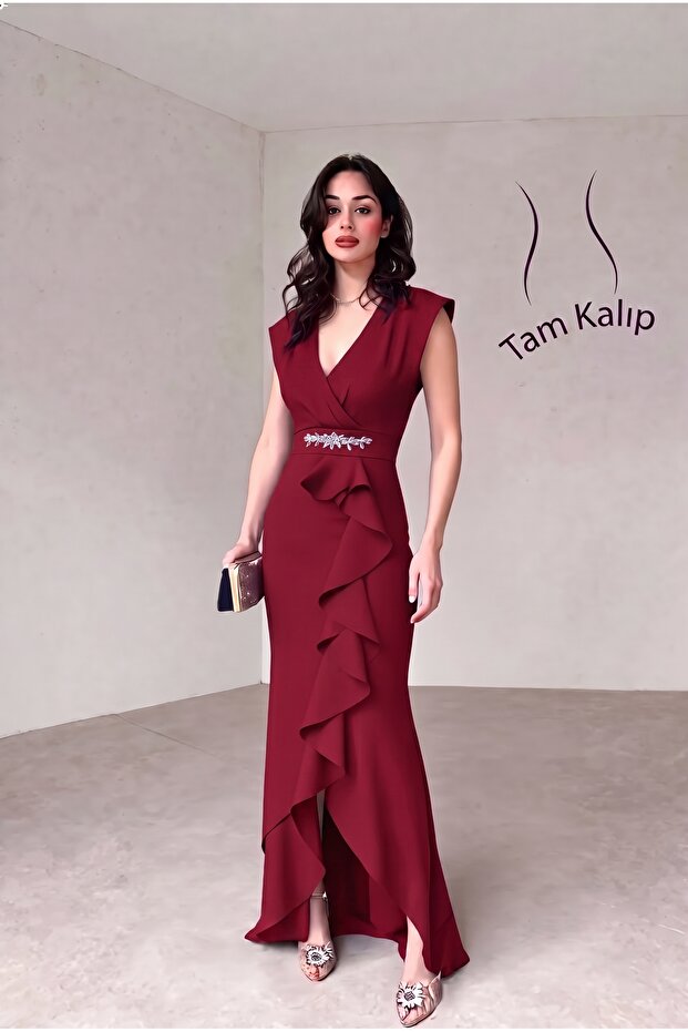 Women's Scuba Crepe Fabric Double-Breasted Collar Skirt Flared Evening Dress Graduation Purple Wedding Dress