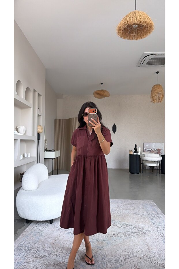 Plum Gabardine Short Sleeve Shirt Dress