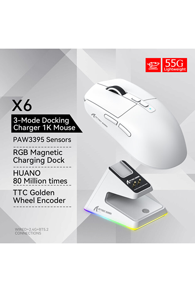 X6 White Attack Shark X6 PAW3395 Bluetooth Mouse,2.4 Tri-Mode Connection, RGB Touch Magnetic Chargin