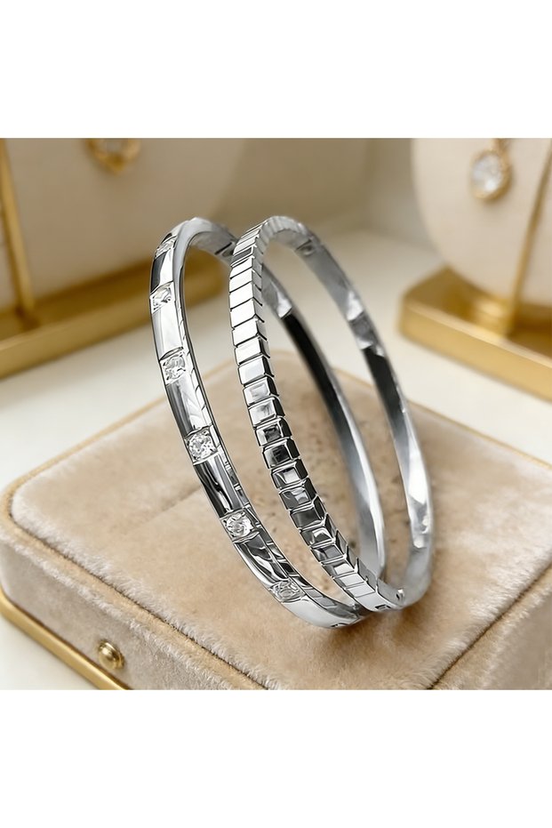 Sliver Color Yupsk New 2pcs/set Inlay Square Zircon Stainless Steel Stacking Bracelet for Women Men