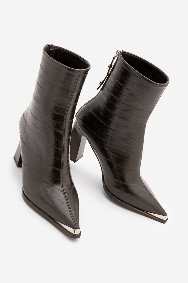 Women's Pointed Toe Back Zipper Thick Heeled Boots Zavoli Brown Croco