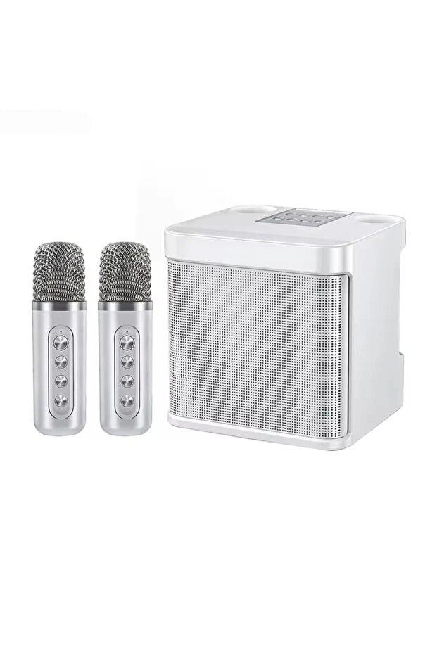 WHITE Karaoke Machine With 2 Wireless Dual Microphones Portable Boombox AUX TF Card U Disk Player Vo