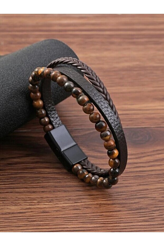 Style B Multi -Style Volcanic Stone Or Tiger Eye Stone Plus PU Leather Three -Layer Men's Bracelet B