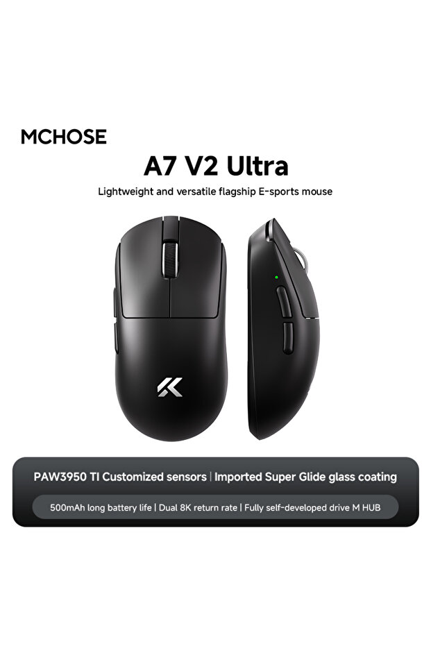 ماوس الألعاب اللاسلكي بتقنية بلوتوث A7 V2 Ultra باللون الأسود من MCHOSE، ثنائي النطاق 8 كيلو هرتز، ثلاثي الأوضاع، خفيف الوزن
