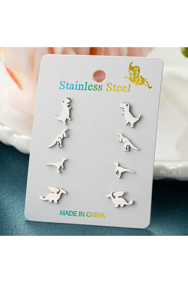 ZH046S 4Pairs/Lot Tiny Tyrannosaurus Rex Earings Cartoon Dinosaur Stainless Steel Stud Earrings for