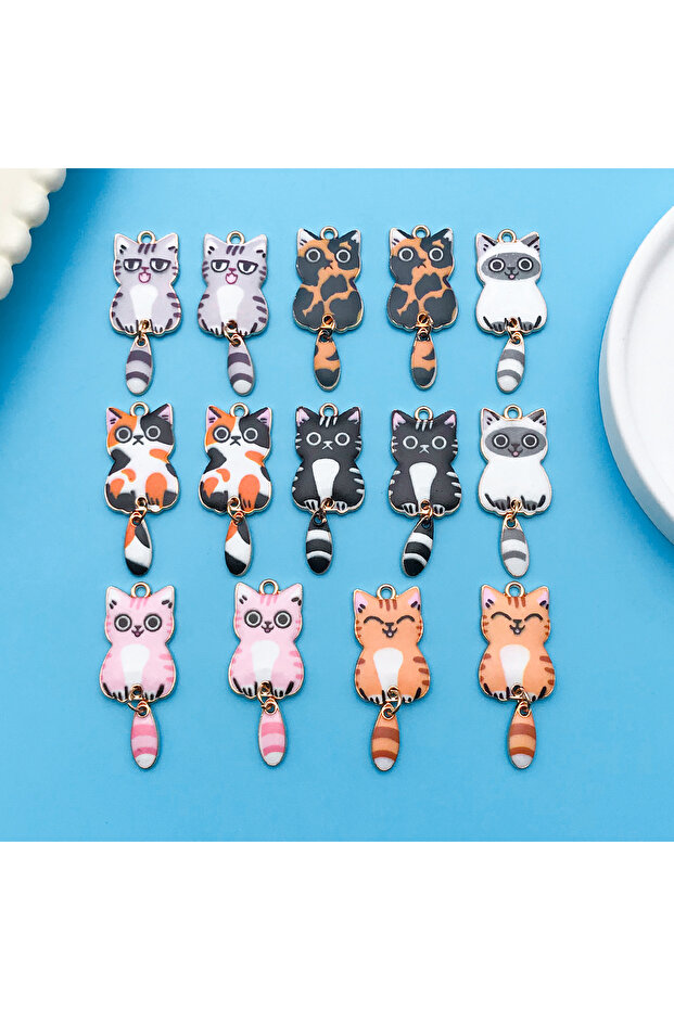Mix-14pcs 10/14pcs Mixed Multicolor Enamel Cat Charms Cartoon Cute Cat Shaped Pendants For DIYJewelr