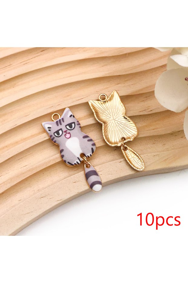 18682-15x20mm-10pcs 10/14pcs Mixed Multicolor Enamel Cat Charms Cartoon Cute Cat Shaped Pendants For