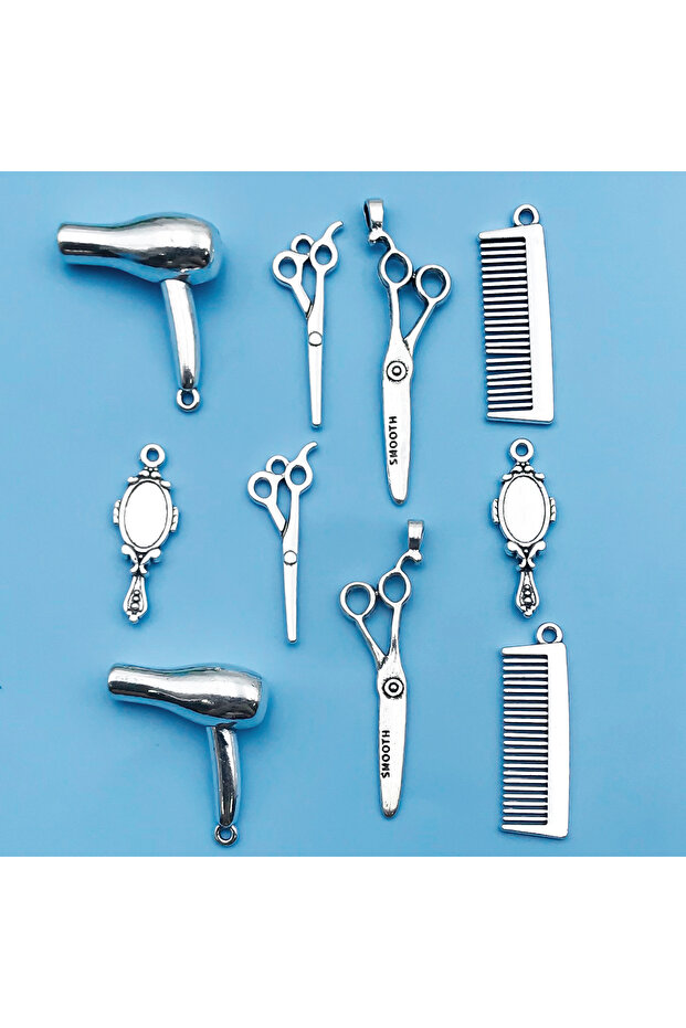 SN442 6/10Pcs Antique Silvery Barber Tool Charms Hairdrier Scissors Comb Makeup Mirror Shape Pendant