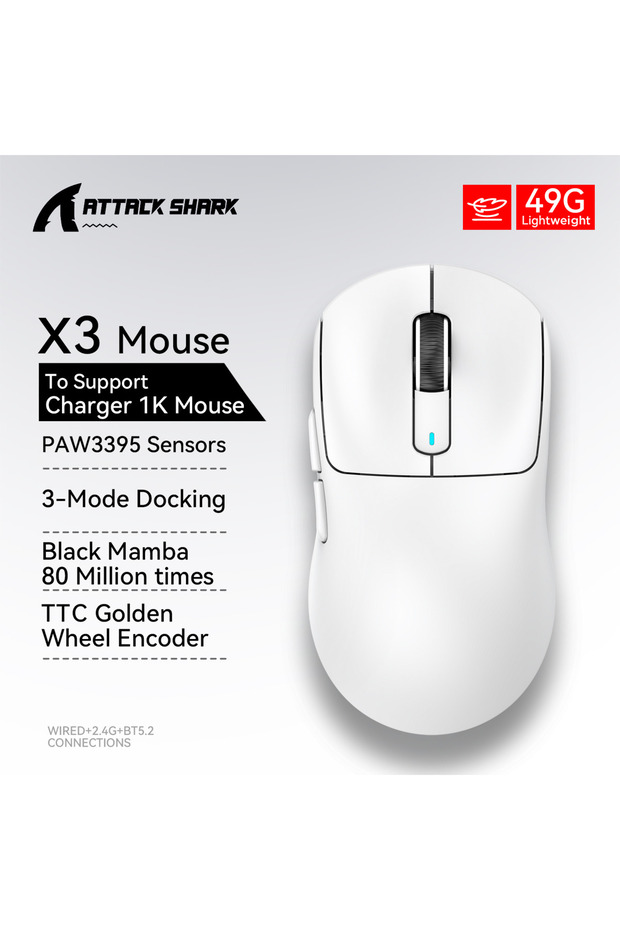 X3 White X3 ATTACK SHARK X3Pro Bluetooth Gaming Mouse PAW3395 Sensor TTC Encoder Black Mamba Switch