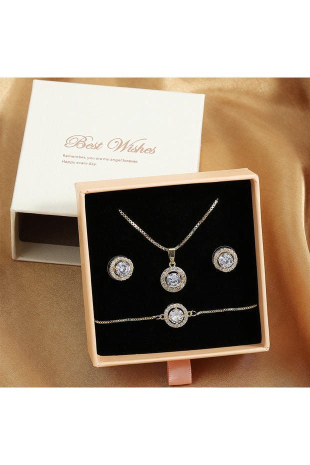 Gold Color with box ZAKOL 3 Pcs Jewelry Set Gift For Women Shiny AAA Cubic Zirconia Earrings Bracele