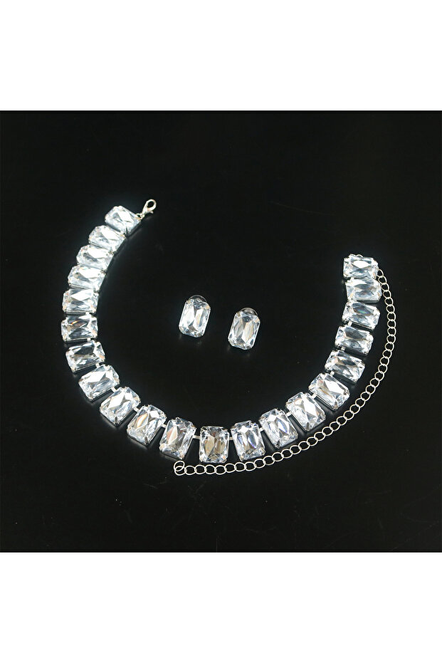 Silver Plated Oversize Square Rhinestone Choker Necklace Set Trend Large Rhinestone Stud Earrings We