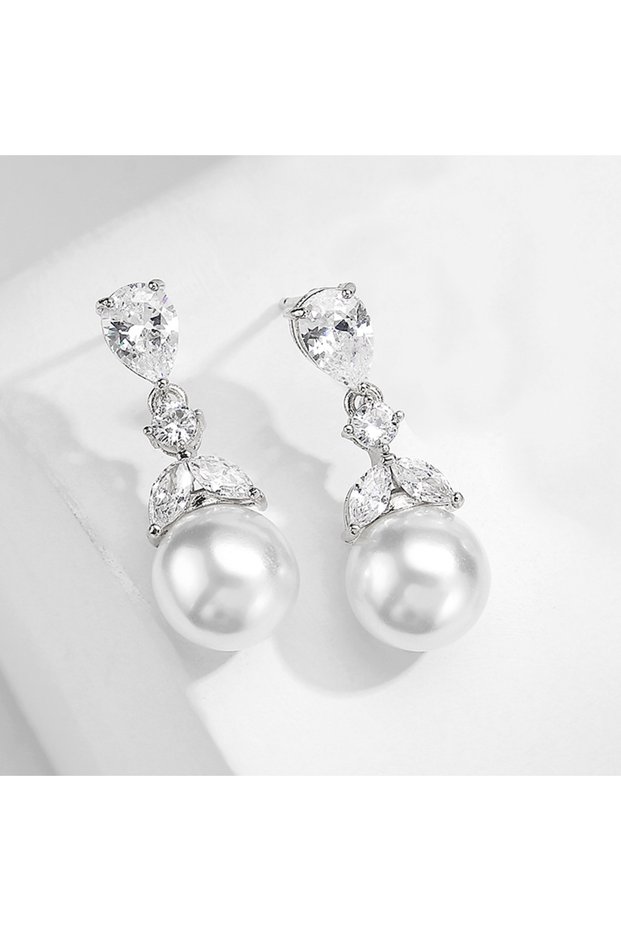 White ZAKOL Elegant Imitation Pearl Water Drop Zirconia Earrings for Women Luxury Sliver Color Brida