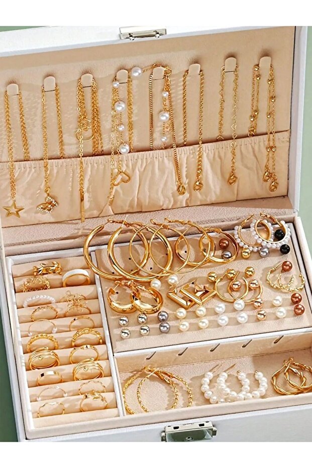 AYAGold Color 86pcs/Set Elegant Pearl Earrings Multi-Layered Necklace Ear Studs Rings 4-In-1 Jewelry