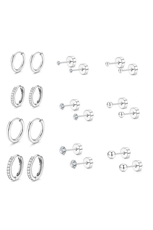 Silver 10/6 Pairs Small Gold Hoop Stud Earrings Set for Women, 18K Gold Plated Tiny Stainless Steel
