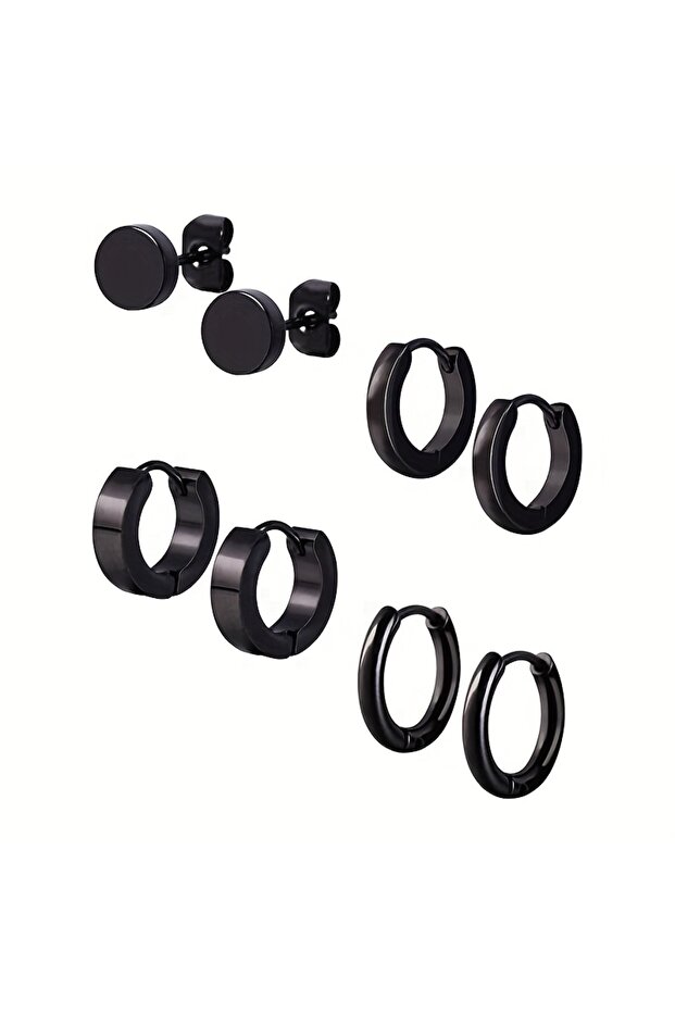 Black Stylish Men's 4-Pair Earring Set - Black Stainless Steel Studs & Hoops, Durable, Versatile & A