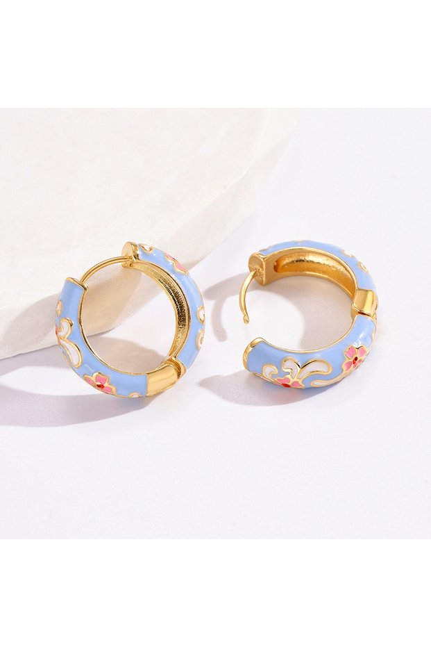 Blue Vintage Colorful Enamel Flowers Huggies Earrings for Women Girls Gold Plated Round Circle Hoop