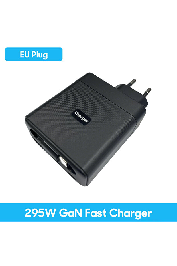 شاحن حائط EU Plug 295W GaN، مزود بمنفذين USB C بقوة 100W PD ومنفذ USB A بقوة 30W، مع كابل Type C قابل للسحب بقوة 65W للشحن السريع.