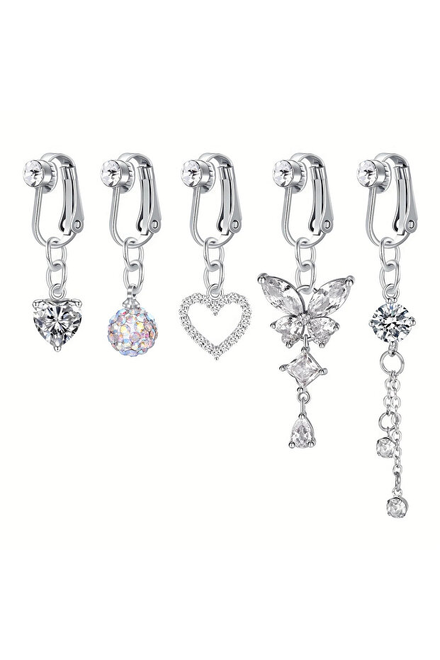 Geometric Surface and Dermal Navel & Bell Button Rings Style A 5Pcs Rhinestone Heart Butterfly Dangl