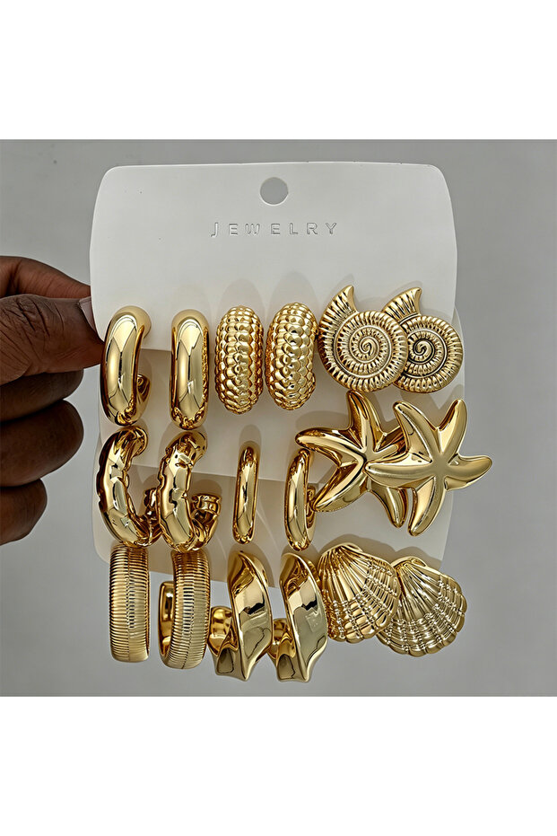 GOLD AYA 6709901 18 Pcs Vintage Gold Plated Ocean Earring Set Starfish Shell Conch Textured Hoop Ear