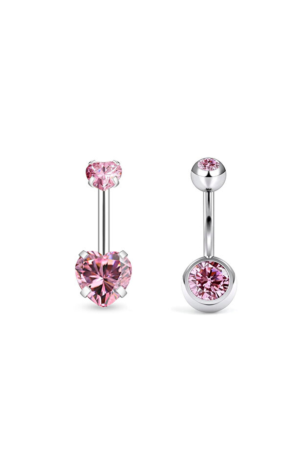 Style 3 2pcs Pink Zirconium Heart-Shaped Navel Belly Button Ring with Round Rhinestone Umbilical Pie