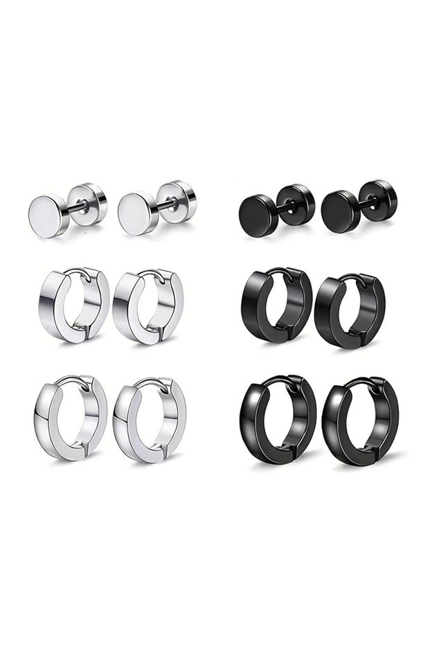 DM8-type20 1-12 Pairs Popular Black And Silvery Stud Earrings Set, Stainless Steel Stud Earrings For