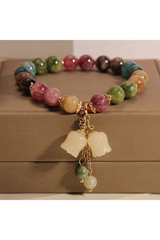 BR24Y0288 Fashion Natural Stone Beaded Bracelet for Women Lily of the Valley Flowe