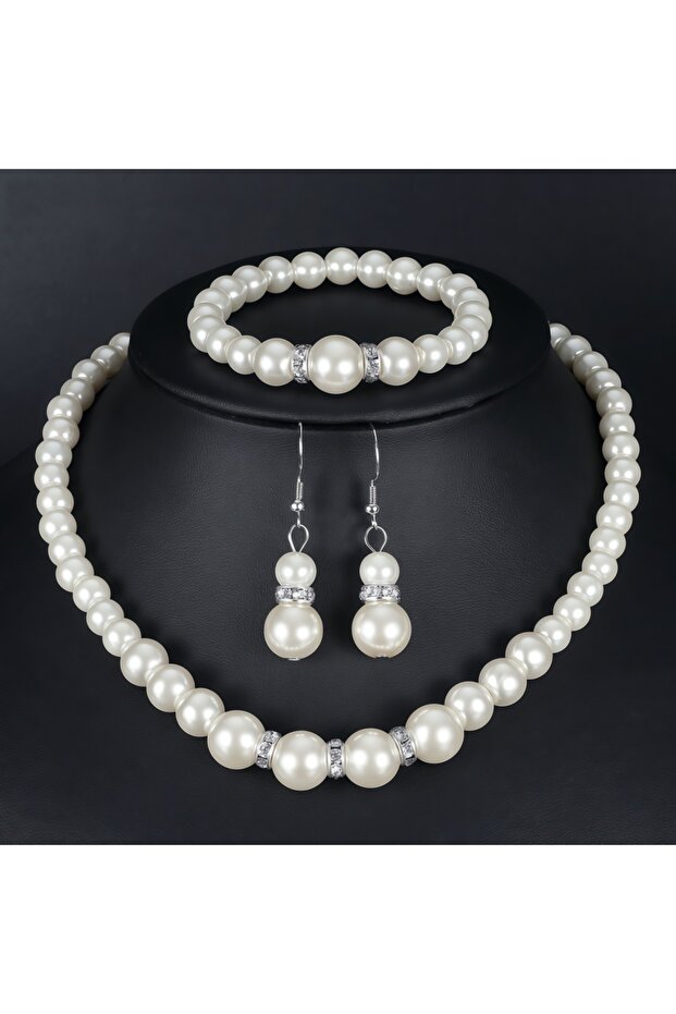 new 3 PCS Imitation Pearl Fireball Necklace Bracelet Earring Stud Jewelry Set Silver Color Crystal S