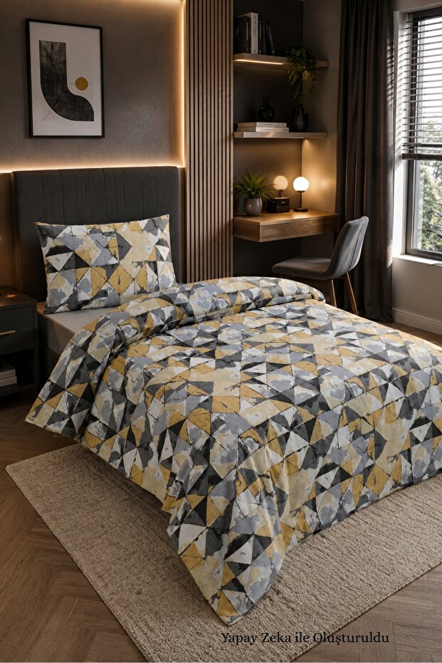 90X190 Single Duvet Cover Set Patterned Yellow-Anthracite