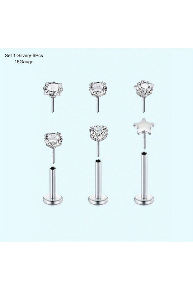 Straight Barbell Face Nose Rings & Studs Set 1-Silvery-6Pcs 16G 18G Push in Threadless Nose Rings St