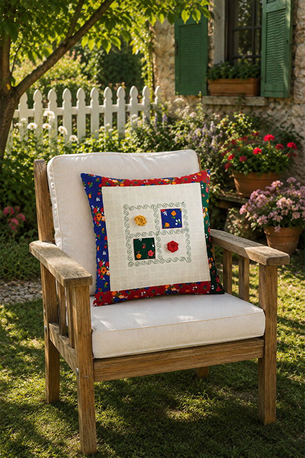 Wildflower Patterned Embroidered Patched Throw Pillow Cover