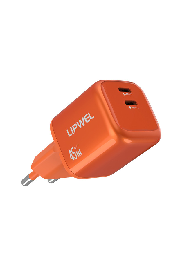 EU 45W Orange 45W GaN Fast Charger, Dual USB-C PD 3.0 QC 3.0 Wall Charger, Ultra-Mini Portable Charg