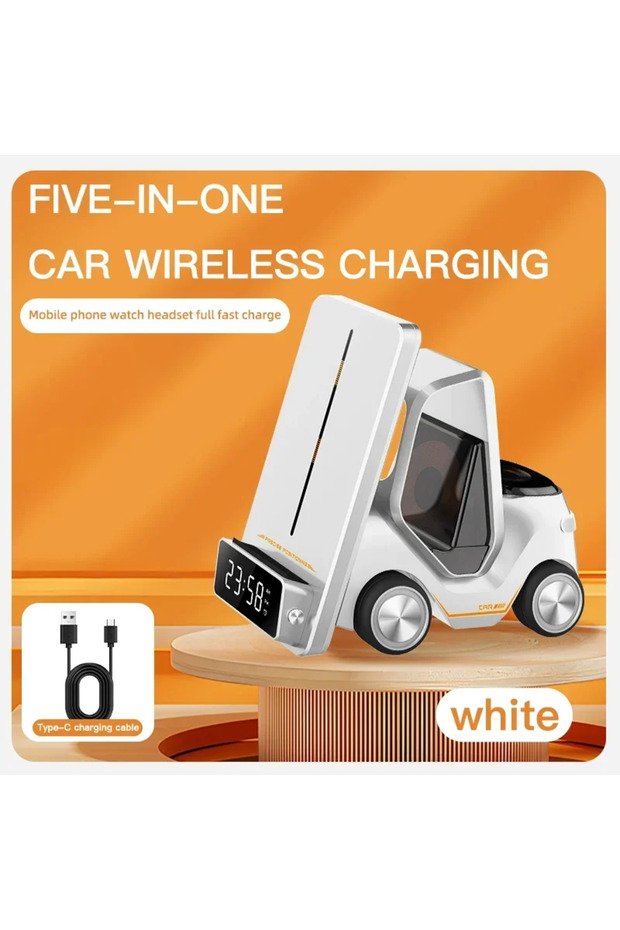 White 5-in-1 Wireless Charger Alarm Clock Time For iPhone 16 15 14 13 12 Pro Max Apple Watch 10 9 8
