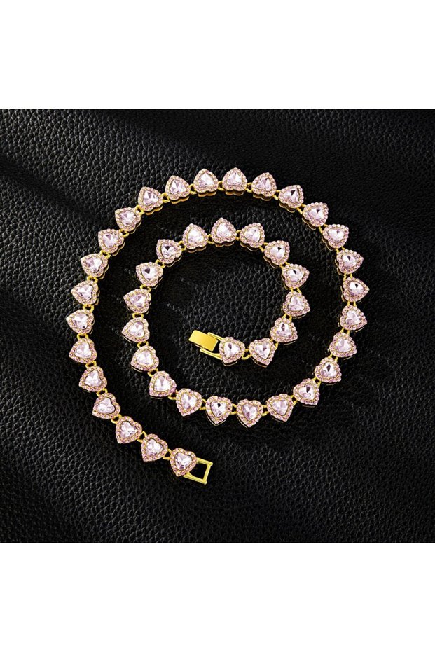 Gold-Pink Necklace Trendy Shiny Heart Zircon Hip Hop Rock Tennis Chain Jewelry Set - Bracelet & Neck