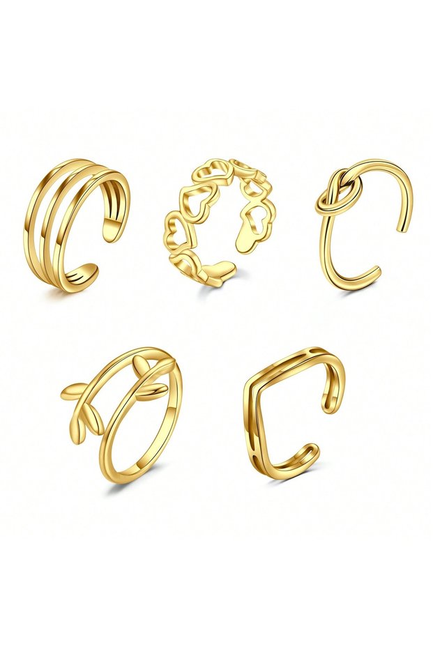 Gold 5pcs Stainless Steel Toe Ring Open Foot Ring Pack Set Hollow Heart Leaf Multiple Colors Availab
