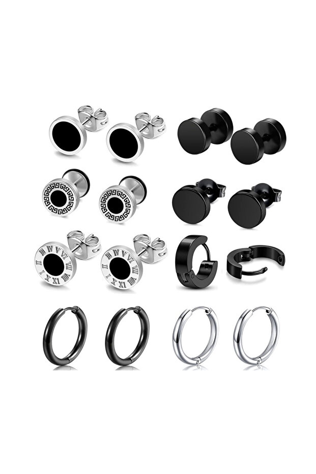 8 pairs Set A 8 Pairs of Stainless Steel Earrings Set, MEN'S Earrings, Personalized Dumbbell Black E