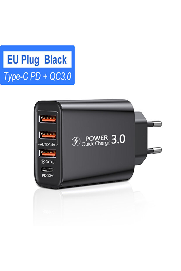 شاحن USB أسود أوروبي 60 واط للشحن السريع للهواتف المحمولة، محول شحن سريع 3.0، شاحن حائط