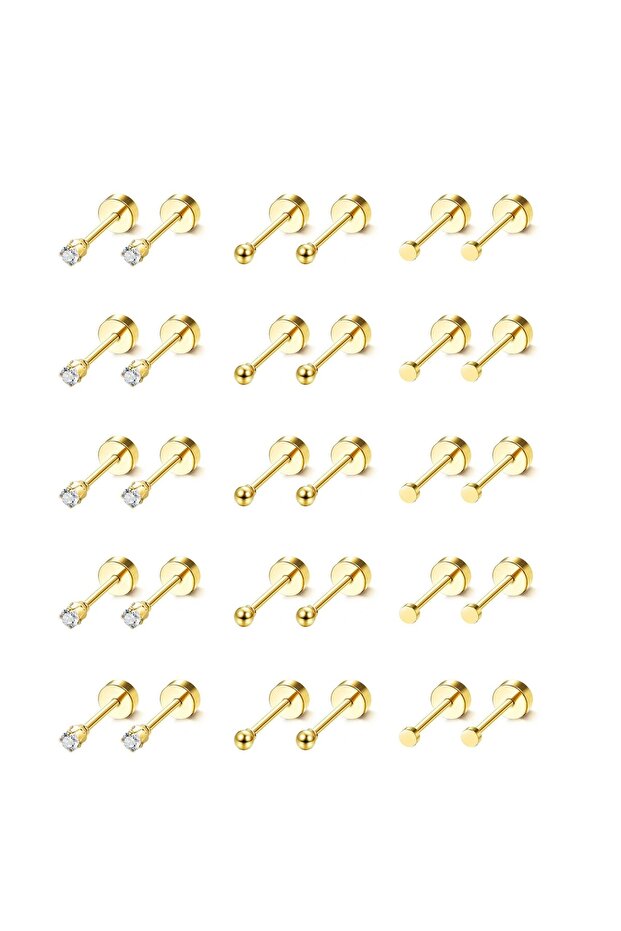 15Pairs Set 2mm Gold 15 Pairs Tiny Surgical Steel Gold Stud Earrings, Comfortable Screw Back Flat Ba