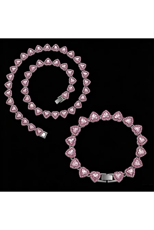 Silver-Pink Set Trendy Shiny Heart Zircon Hip Hop Rock Tennis Chain Jewelry Set - Bracelet & Necklac
