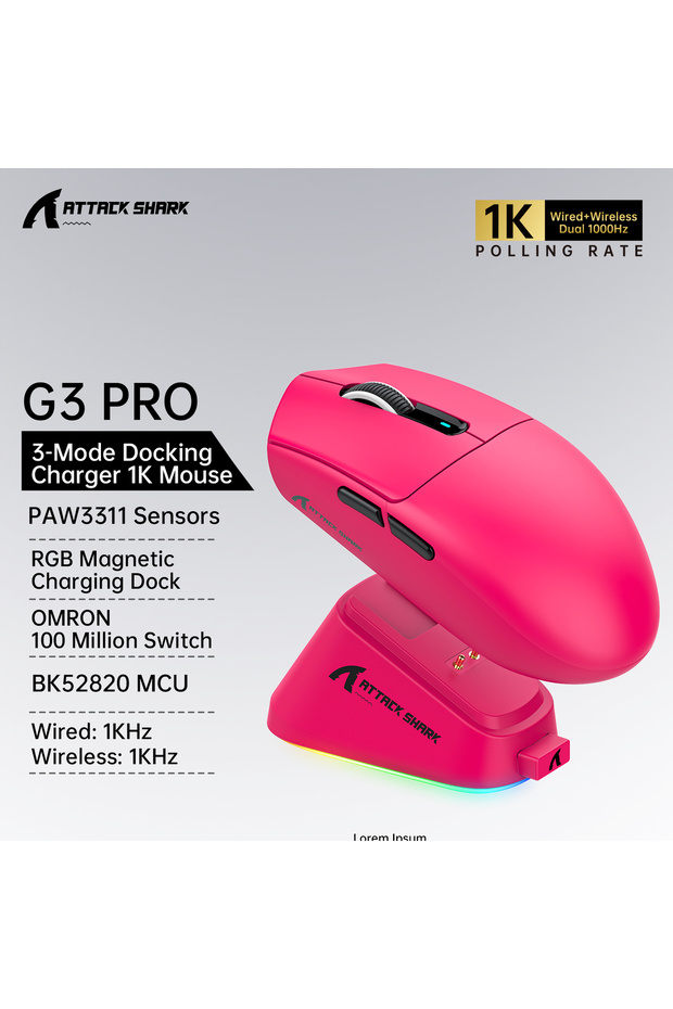 G3PRO Berry red ATTACK SHARK G3PRO Tri-Mode Wireless Gaming Mouse with PAW3311 and Charging Dock