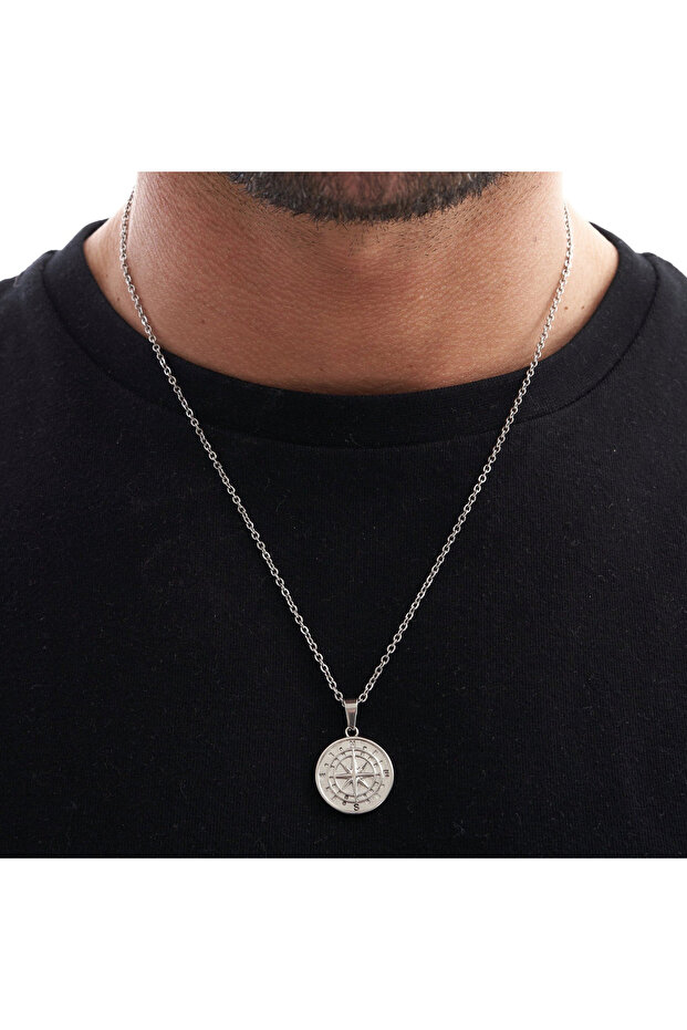 Silver Vnox Compass Necklaces for Men, Layering Stacked Cuban Figaro Chain Necklaces, Casual Sailing