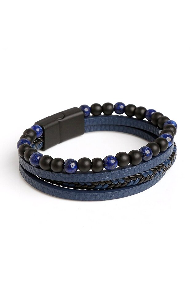 20cm Lapis Lazuli Men Leather Bracelet Classic Fashion Tiger Eye Beaded Multi Layer Leather Bracelet
