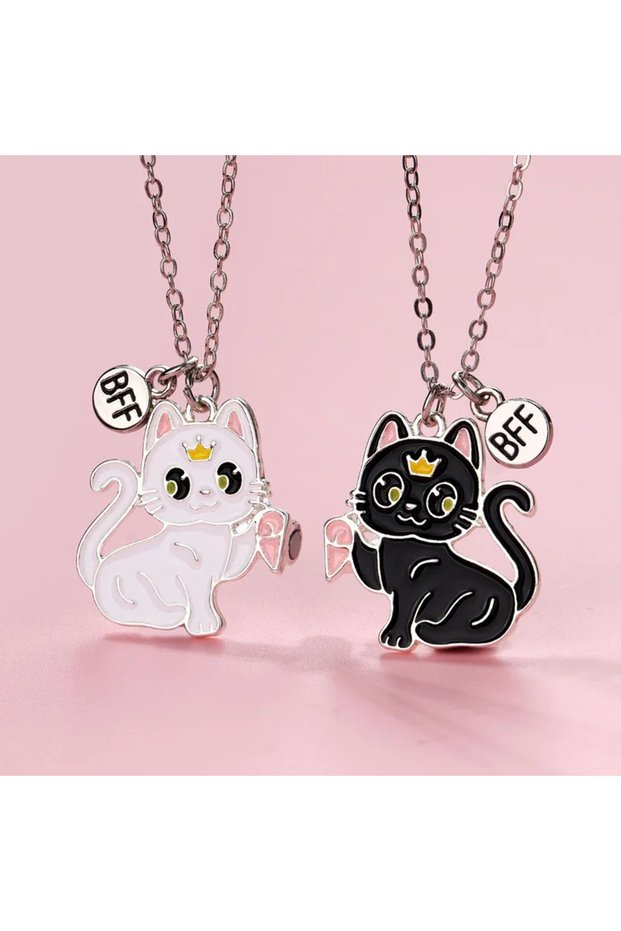 white black A Girl 2Pcs/set Cartoon Cute Animal Alloy Cat Best Friend Necklace for Girls Fashion Fri